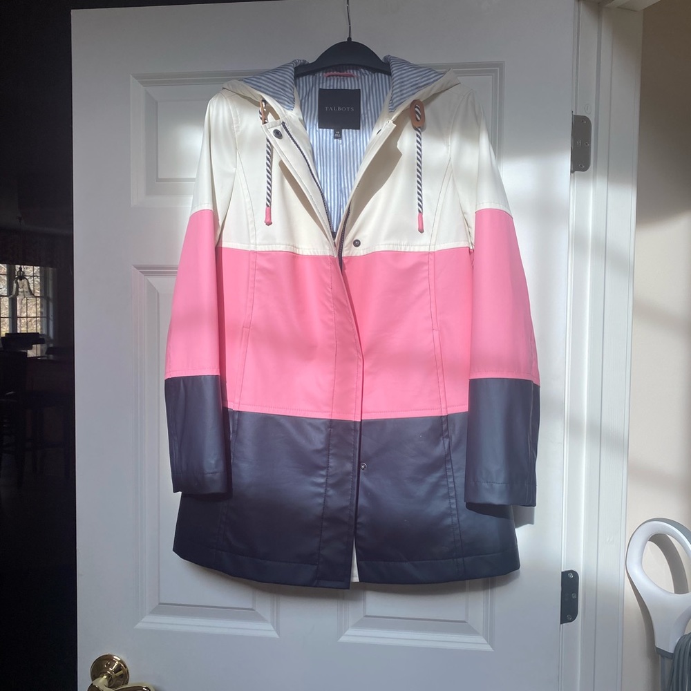 Talbots Raincoat - Size XS - Colorblock with Ivory, Pink and Navy